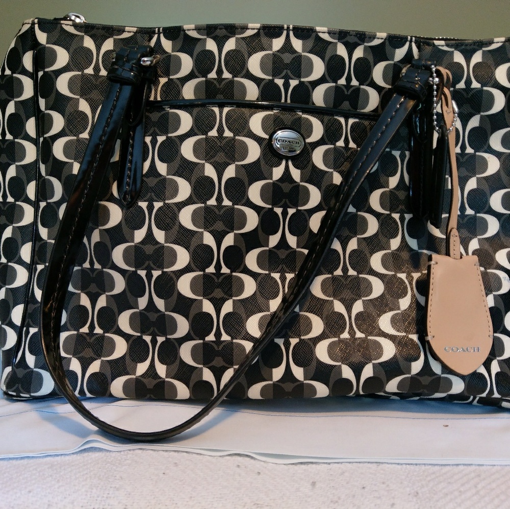 Authentic Coach, black w. double handles, coated canvas, large, tote, shoulder